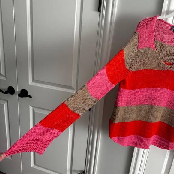 Wooden Ships Bright Pink Stripe V-neck Pullover Sweater Small/Medium - Picture 3 of 7